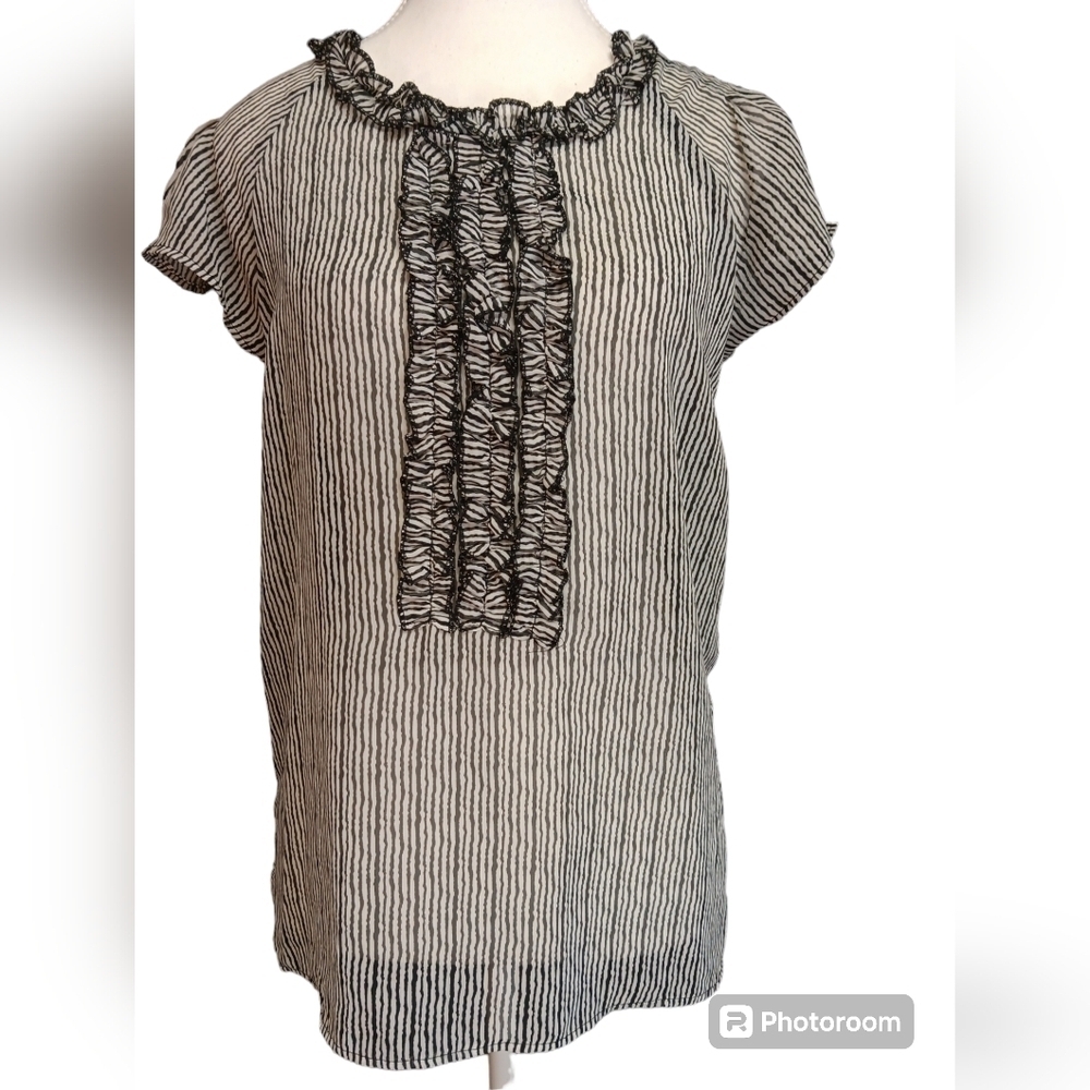The Limited Sheer Ruffled Striped Shirt with Tufted Back. Women's Size  M